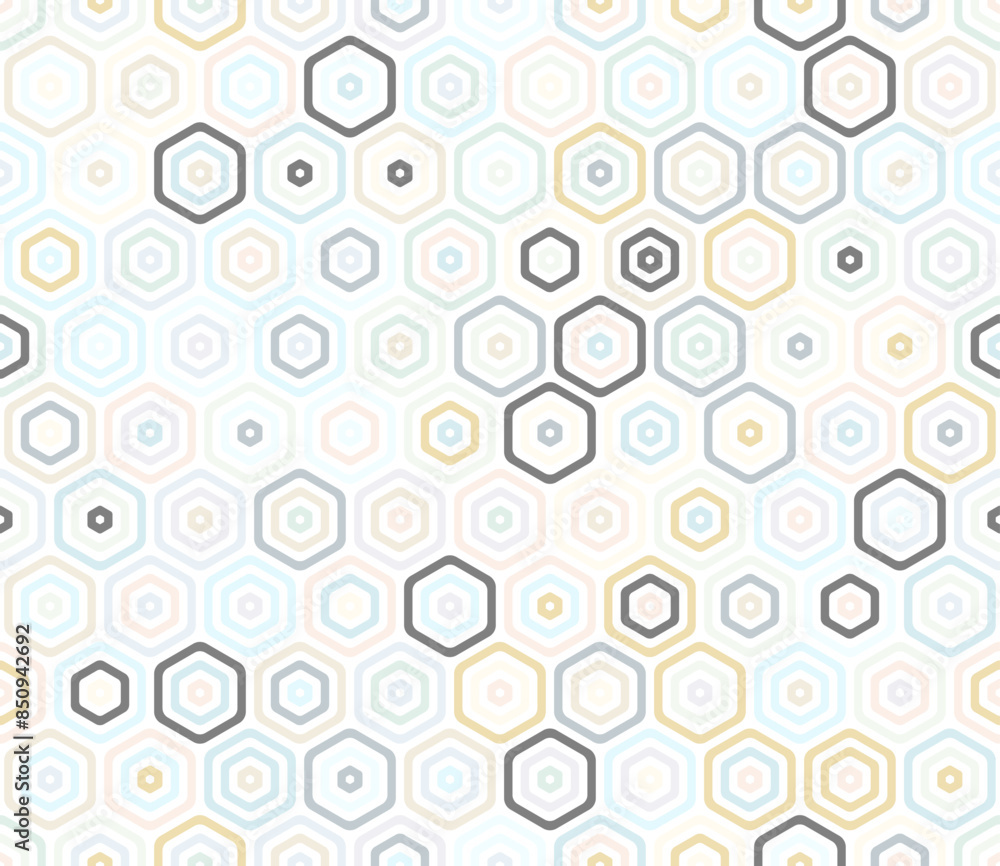 Abstract pattern of hexagon shapes. Bold rounded stacked hexagon cells. Hexagonal shapes. Multiple tones color palette. Seamless pattern. Tileable vector illustration. Abstract pattern of hexagon shapes. Bold rounded stacked hexagon cells. Hexagonal shapes. Multiple tones color palette. Seamless pattern. Tileable vector illustration.