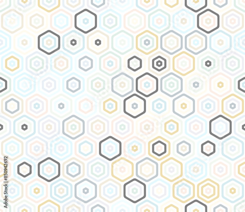 Abstract pattern of hexagon shapes. Bold rounded stacked hexagon cells. Hexagonal shapes. Multiple tones color palette. Seamless pattern. Tileable vector illustration.