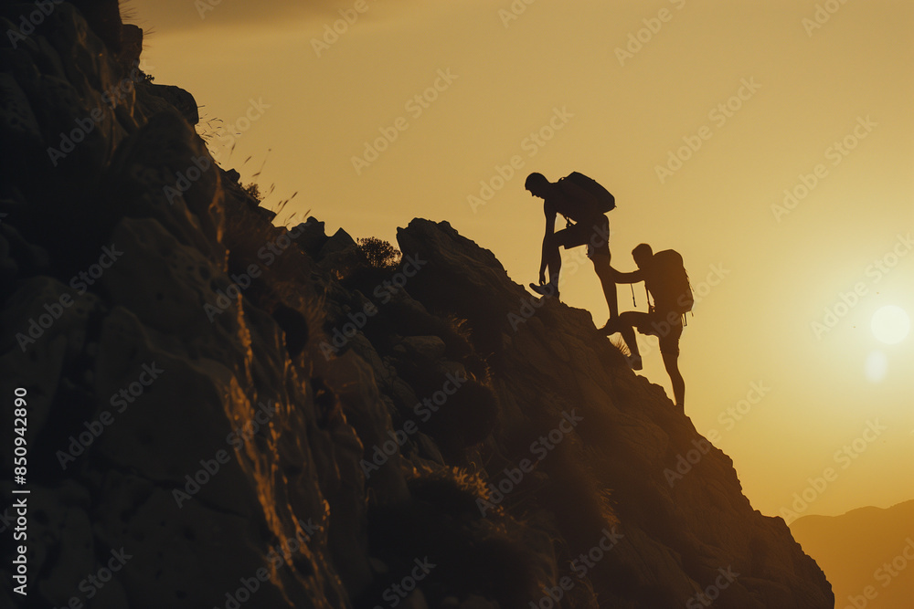 Silhouette of one person helping another up a mountain at sunrise or sunset. Silhouette of one person helping another up a mountain at sunrise or sunset.