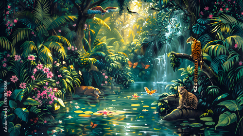 Dibujo de selva tropical con plantas y animales, lores, tucanes.
