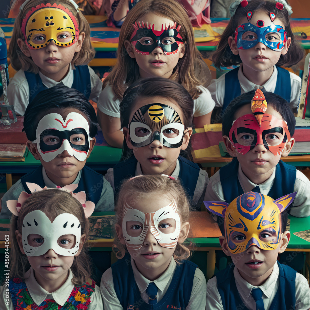 Festive School Mask with Holiday Decorations, Celebratory Festive School Mask with Holiday Decorations, Celebratory