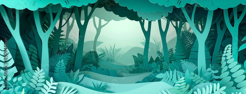 wide panoramic paper cut scrap jungle illustration with layers of trees plants and leaves in green color tones with 3D depth