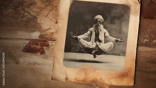 Photo of an old Hindu guru in India with beard, tunic, and turban levitating above the ground. Antique black and white photograph with sepia tone about religion, science, and parapsychology.