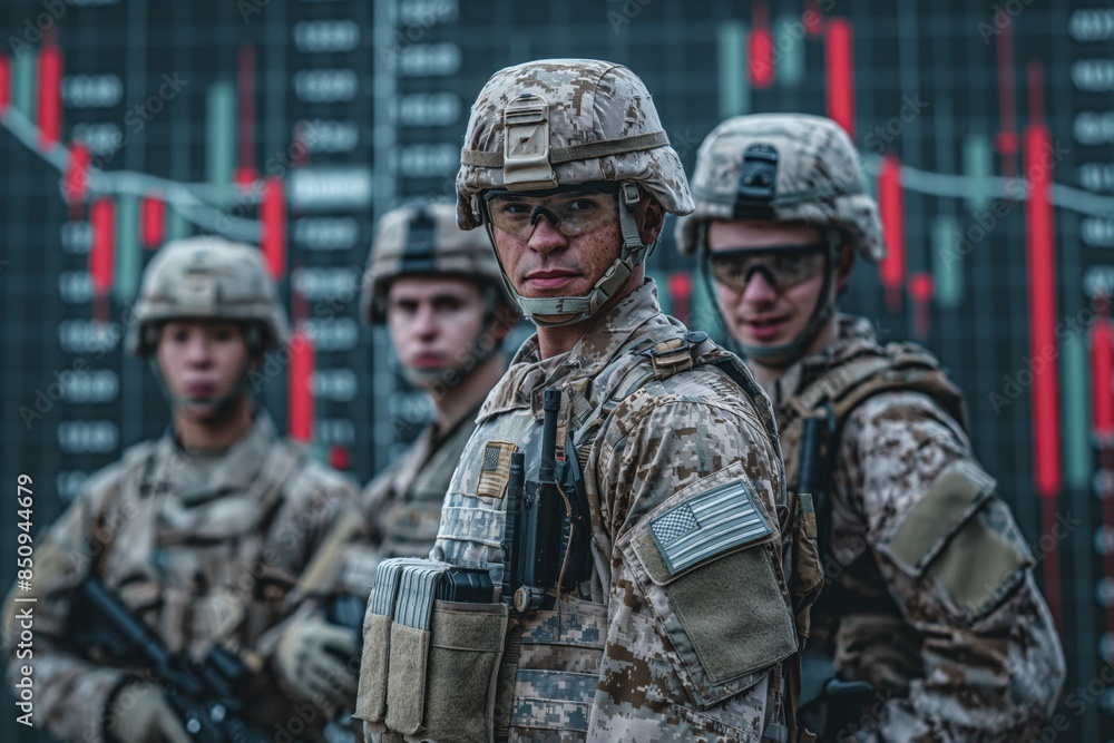 Fototapeta premium A group of serious soldiers stand in formation with a digital stock market readout in the background