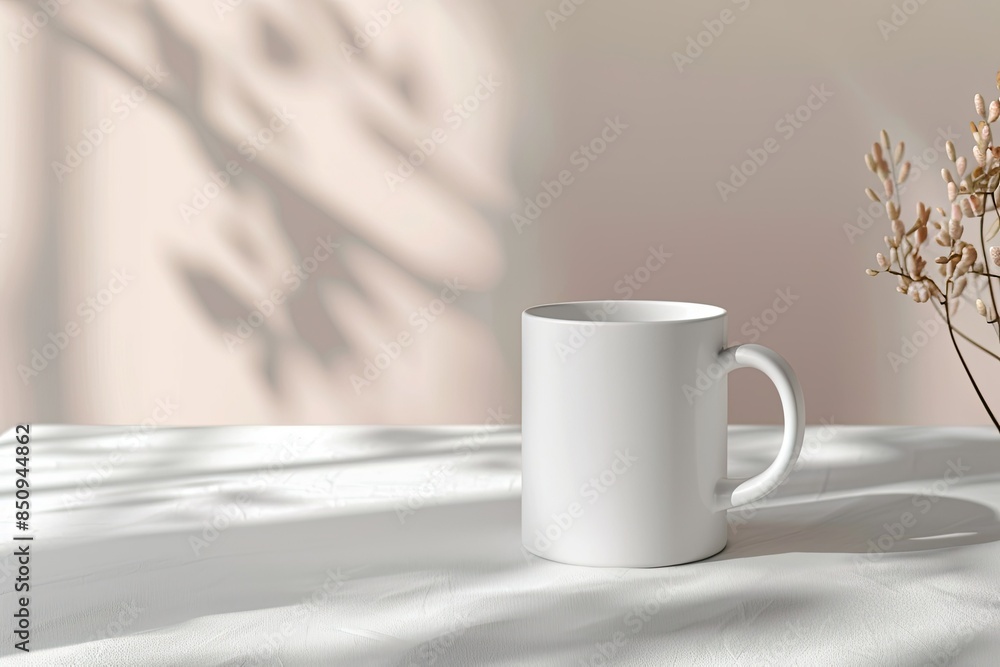 White mug mockup on aesthetic background with drieds flowers and fabric. Coffee cup mockup on pastel background. White mug mockup on aesthetic background with drieds flowers and fabric. Coffee cup mockup on pastel background.