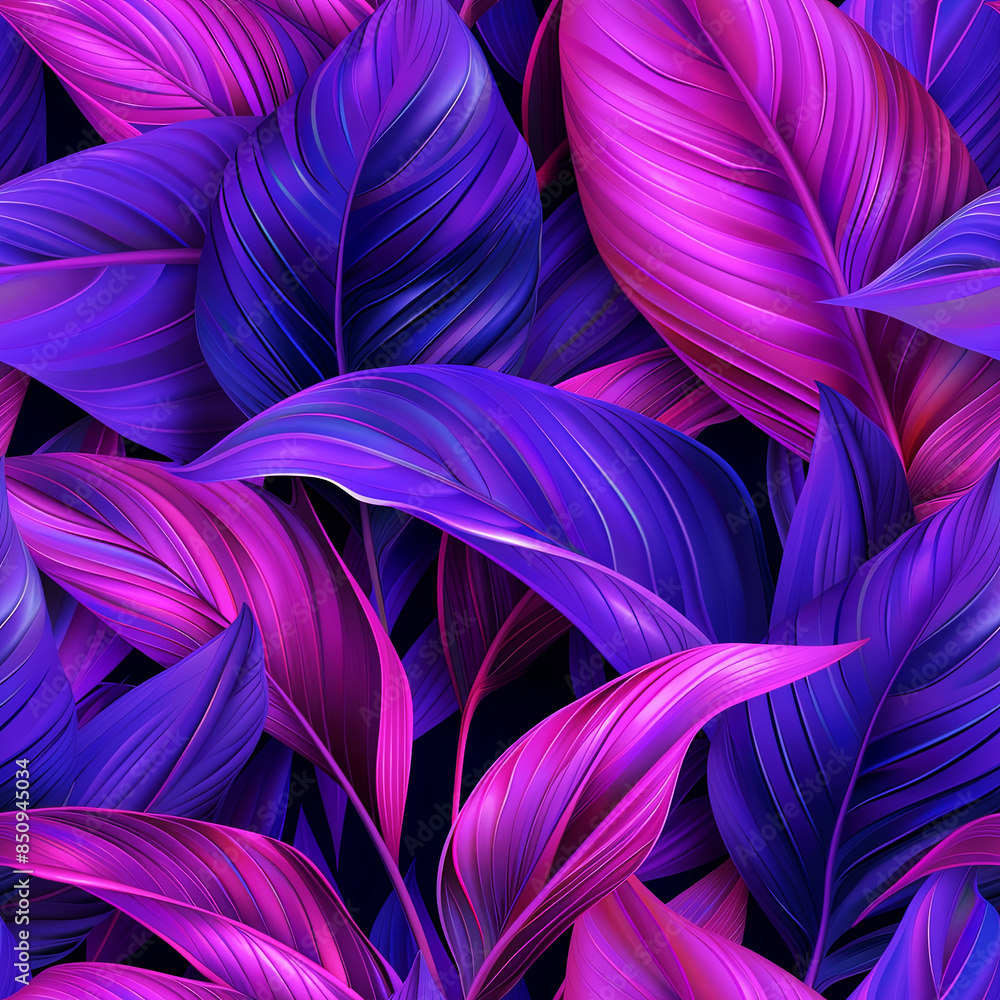 Image of lush purple leaves in the jungle, endless print tile for design