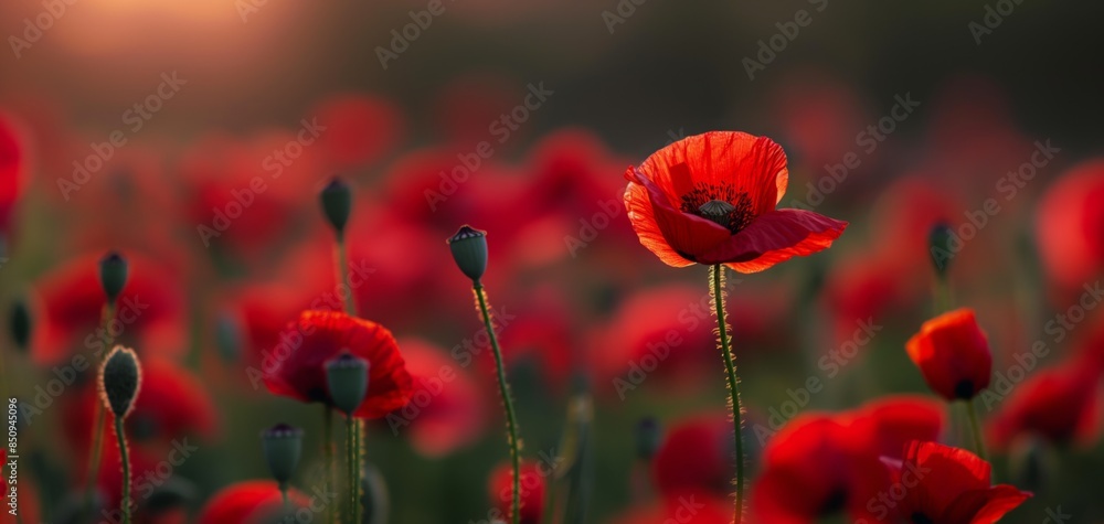 Fototapeta premium soft focus with bokeh morning wildflower red Poppy field, beautiful nature spring summer field background with copy space