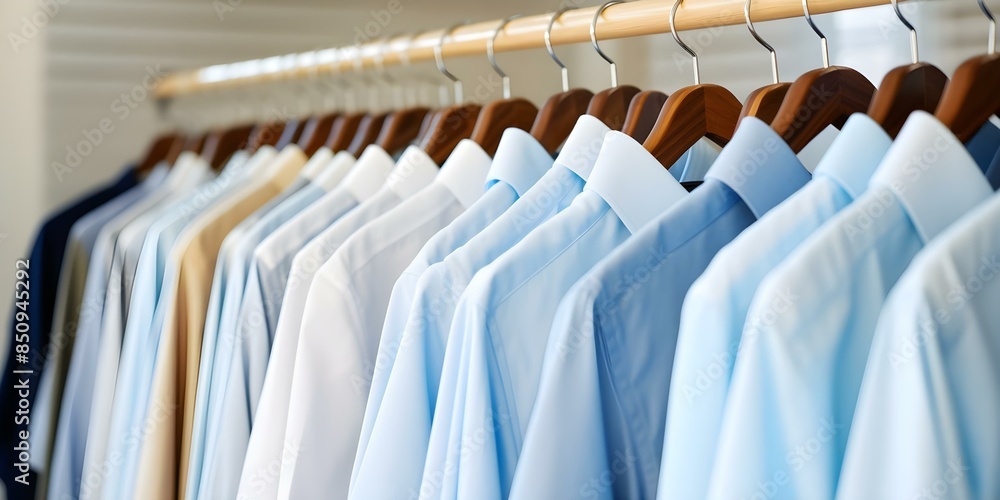 Mens shirts in white and blue on hangers for sale after dry cleaning. Concept Men's Fashion, Clothing Sale, Dry Cleaning Services, White Shirts, Blue Shirts Mens shirts in white and blue on hangers for sale after dry cleaning. Concept Men's Fashion, Clothing Sale, Dry Cleaning Services, White Shirts, Blue Shirts
