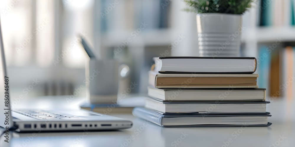 Closeup of textbooks on desk showing heavy workload from virtual classes. Concept Virtual Learning, Educational Stress, Textbook Overload, Remote Study, Distance Education Closeup of textbooks on desk showing heavy workload from virtual classes. Concept Virtual Learning, Educational Stress, Textbook Overload, Remote Study, Distance Education