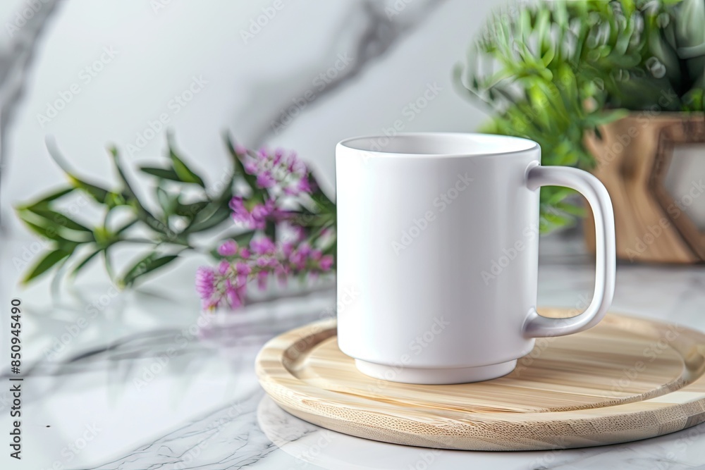White mug mockup on aesthetic background with flowers on wooden stand. Coffee cup mockup on pastel background. White mug mockup on aesthetic background with flowers on wooden stand. Coffee cup mockup on pastel background.