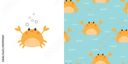  Cute crab card and seamless pattern. Background for kids with crabs and waves. Summer vector illustration. It can be used for wallpapers, wrapping, cards, patterns for clothes and other.