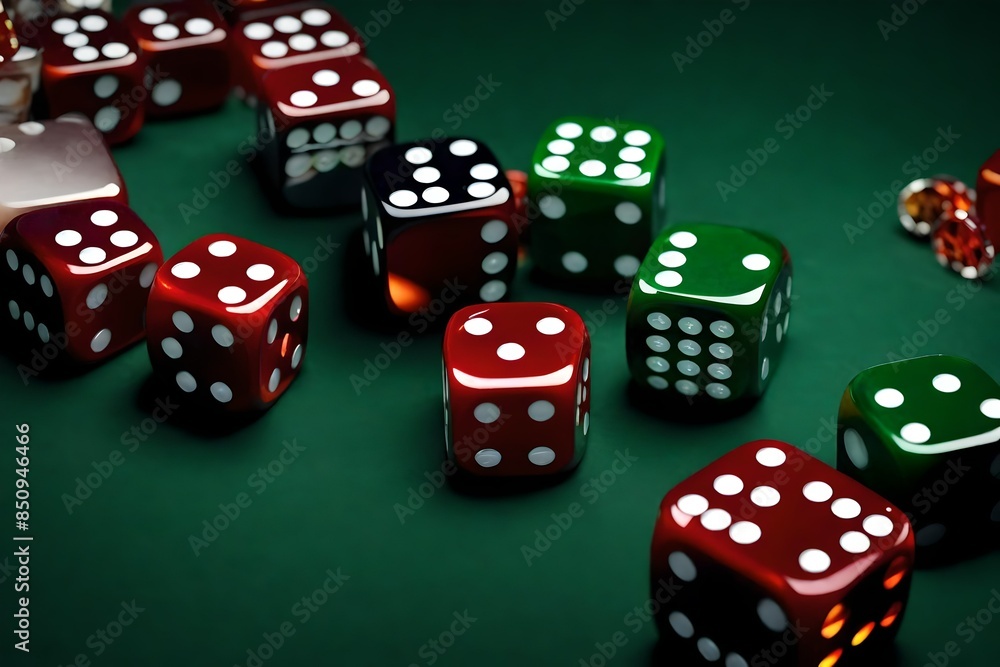 Different green & red dices on a green background. Different green & red dices on a green background.