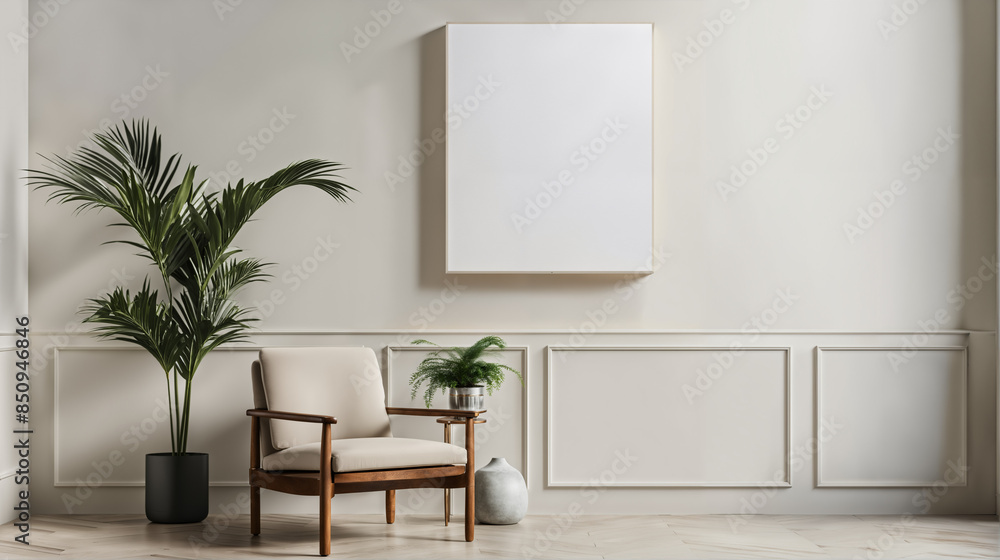 Fototapeta premium Canvas Wall Art Mockup Design, Minimalist Living Room Interior Design, Modern Canvas Art Abstract Background