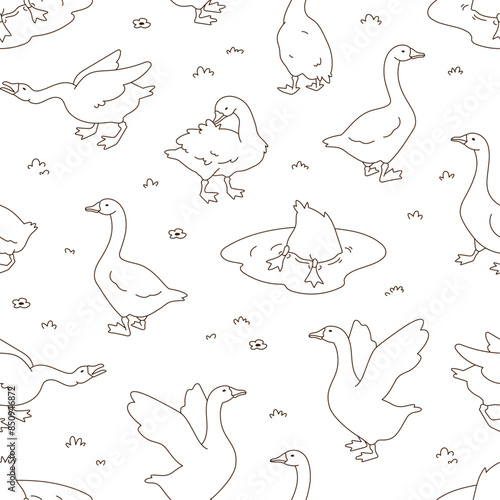 Goose seamless pattern. Cute cartoon ducks background. Hand drawn vector illustration. Texture for print, textile, fabric. Line art.