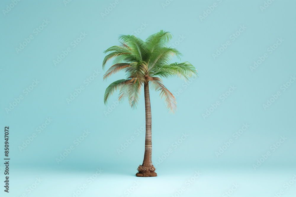 Obraz premium A simple palm tree with green leaves at the top and brown trunk at its base. A 3D paper illustration of an island in a blue background.