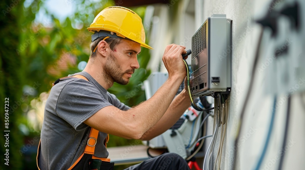 A man in a red helmet and safety glasses is working on a machine A man in a red helmet and safety glasses is working on a machine