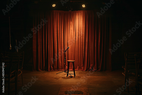  A spotlight shines on an empty stage with one stool and microphone, representing standup comedy in the dark room.Minimal creative perform concept photo