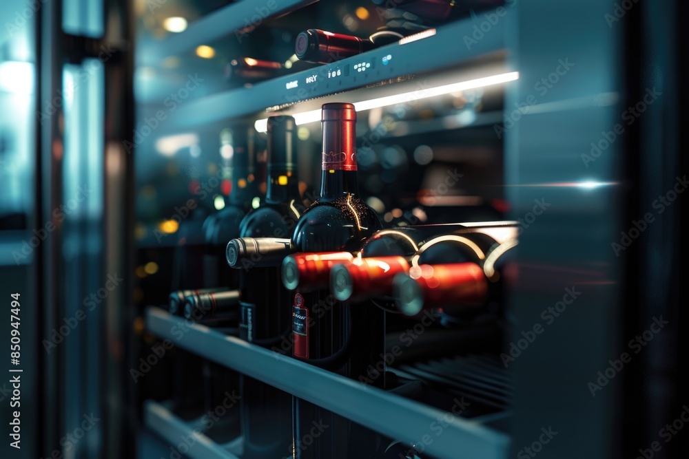 Fototapeta premium A fully stocked wine refrigerator with many wine bottles