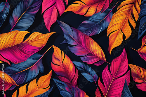  Colorful tropical leaves and feathers pattern on a black background in a vector illustration.Minimal cerative summer and nature concept.Flat lay photo