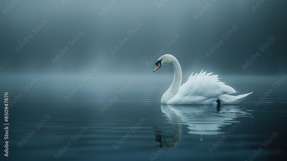 Elegant Swan Gliding on Misty Lake in Serene Atmosphere Elegant Swan Gliding on Misty Lake in Serene Atmosphere