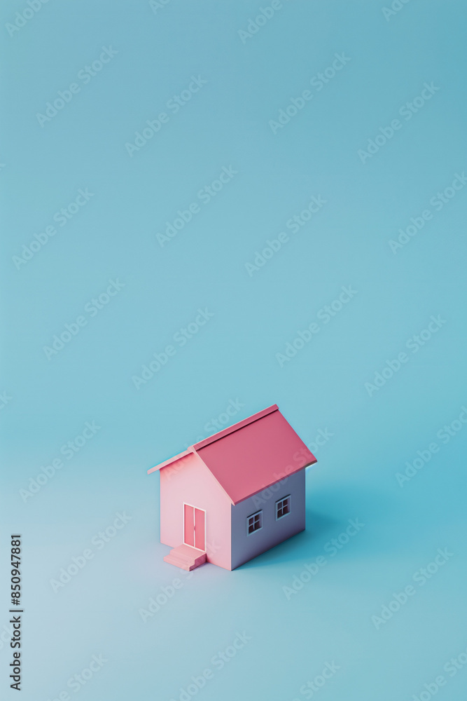 minimalistic pink house on a blue background, isometric visualization.Minimal creative real estate concept.Top view minimalistic pink house on a blue background, isometric visualization.Minimal creative real estate concept.Top view