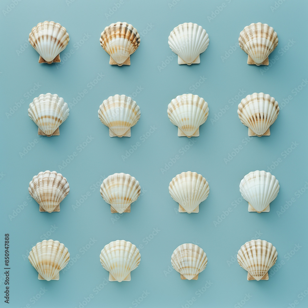 A grid of small white seashells on a pastel blue background, in a flat lay photography style.Minimal creative summer concept. A grid of small white seashells on a pastel blue background, in a flat lay photography style.Minimal creative summer concept.