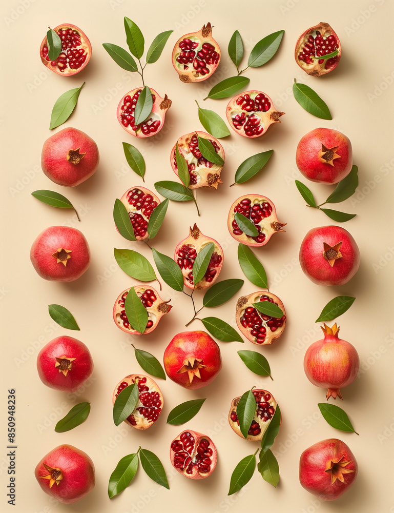Flat lay photography of pomegranate seeds. Minimal creative food concept in a pattern style Flat lay photography of pomegranate seeds. Minimal creative food concept in a pattern style