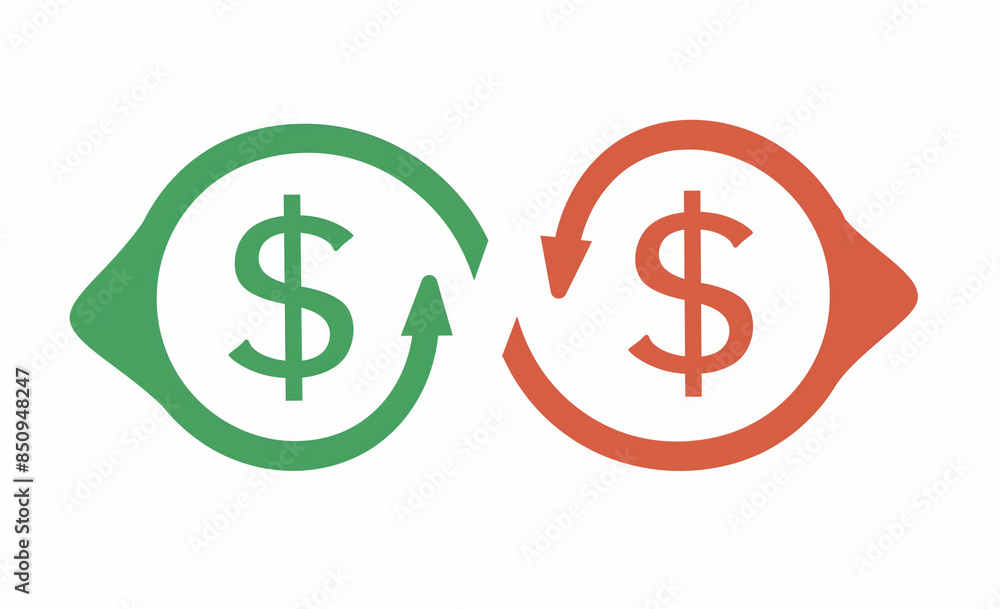 A simple vector icon of an arrow moving up and down, green on the left with a dollar sign, symbolizes financial fluctuations indicating both growth and decline. A simple vector icon of an arrow moving up and down, green on the left with a dollar sign, symbolizes financial fluctuations indicating both growth and decline.