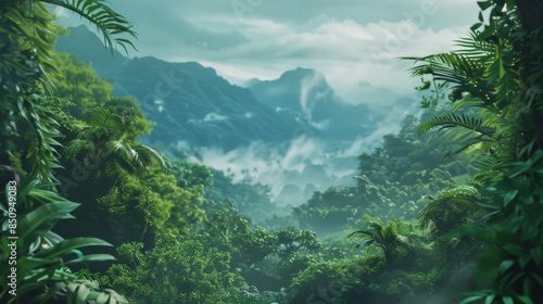 A lush green jungle with mountains in the background © Babb