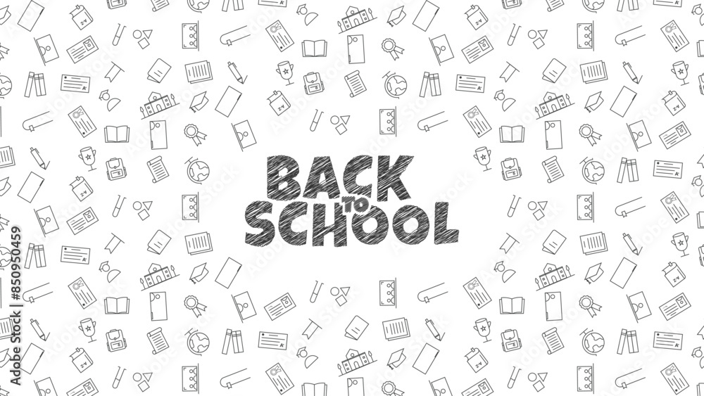 Back to School Text Typography with Education and School Supplies Outline Icons Seamless Pattern. Education Background Design, Greeting Card, Cover, Banner. Vector Template Back to School Text Typography with Education and School Supplies Outline Icons Seamless Pattern. Education Background Design, Greeting Card, Cover, Banner. Vector Template