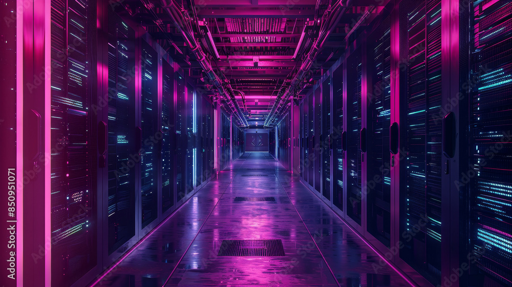 A long hallway with neon lights and a pink and blue color scheme A long hallway with neon lights and a pink and blue color scheme