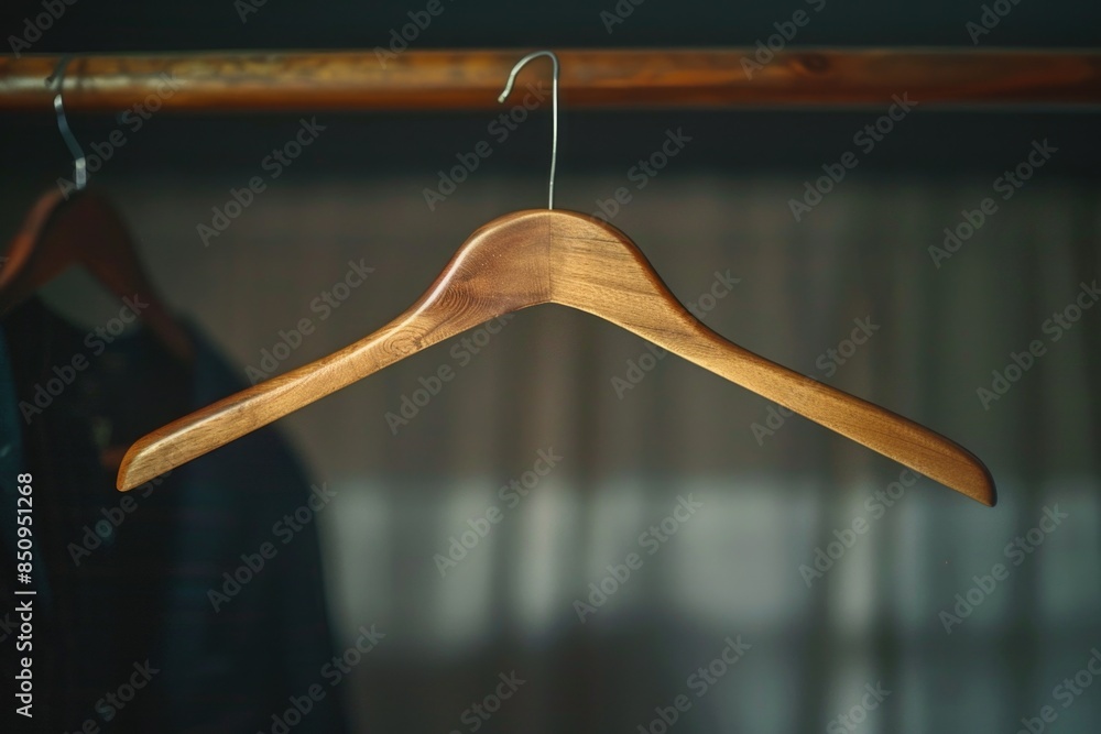 A simple wooden coat hanger hanging from a rail, great for interior design or fashion concept images