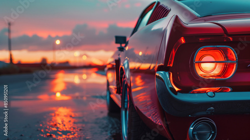 A car with a rear view of the rear hood and headlights on a beautiful background
