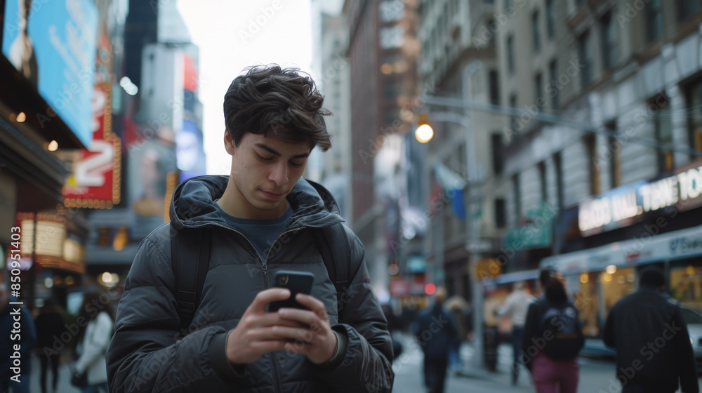A young man is walking down a city street while looking at his cell phone A young man is walking down a city street while looking at his cell phone