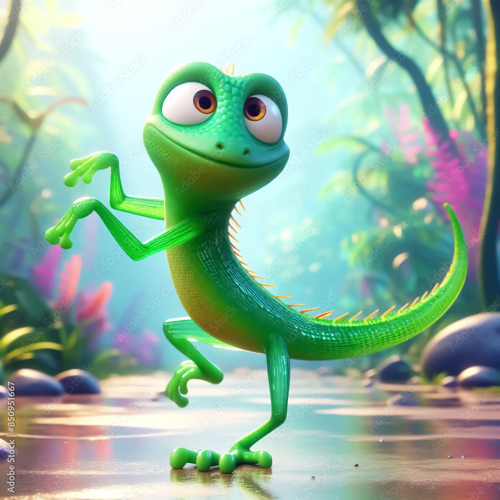 Fototapeta premium 3D funny green slender iguana cartoon in forest. Funny illustration of wild animals for children's cards