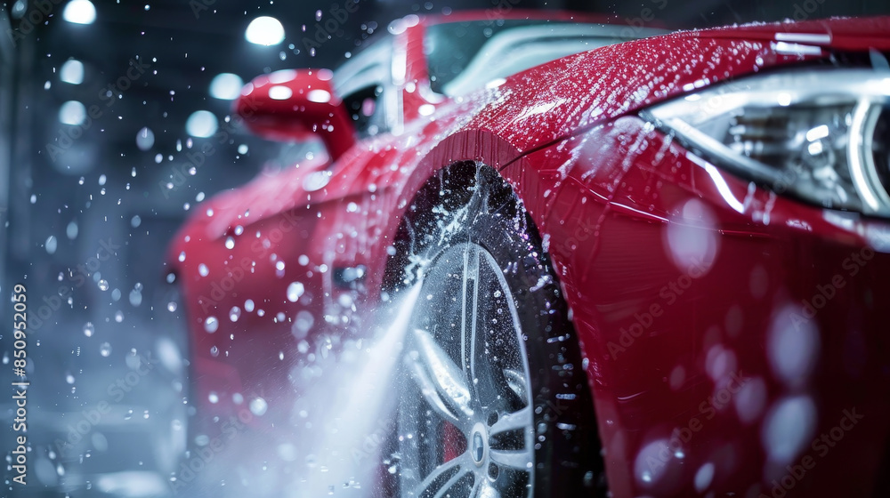 A red car is being washed with a hose A red car is being washed with a hose