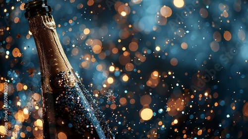 Champagne bottle in sparkling bokeh festive lights celebrating moment photo