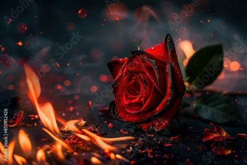 Red rose flower on fire dark background