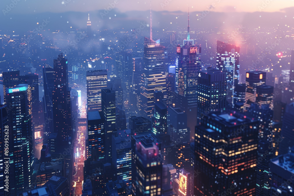 Fototapeta premium A city skyline at night with a blue sky in the background