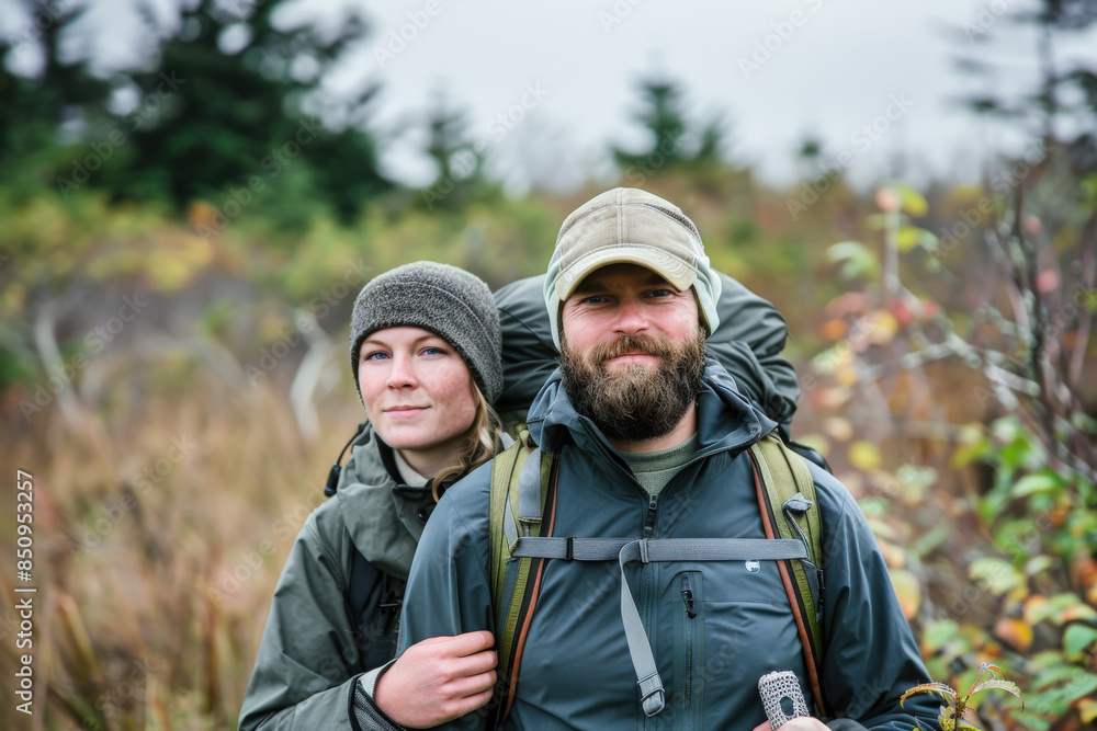 Adventurous Hikers in Autumn Forest Adventurous Hikers in Autumn Forest