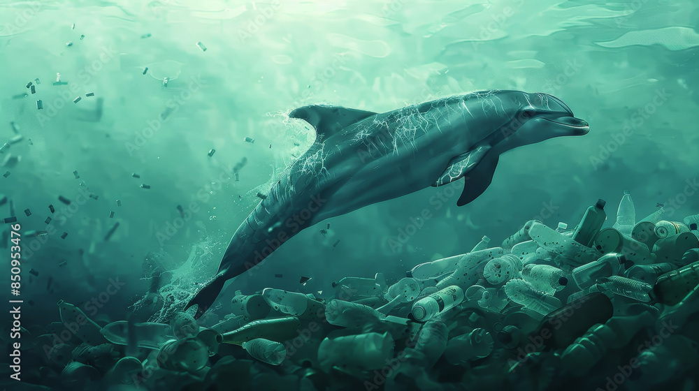 Naklejka premium A dolphin is swimming in the ocean with plastic bottles floating around it