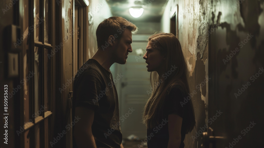 A man and woman are standing in a hallway A man and woman are standing in a hallway