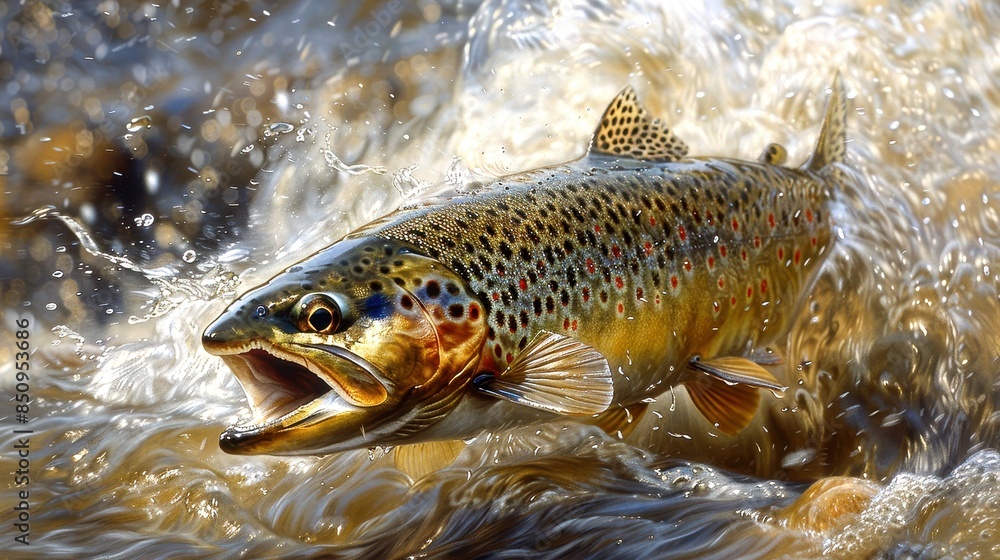 Dynamic close-up of a trout leaping through water, highlighting the motion and natural habitat of this vibrant fish species. Dynamic close-up of a trout leaping through water, highlighting the motion and natural habitat of this vibrant fish species.