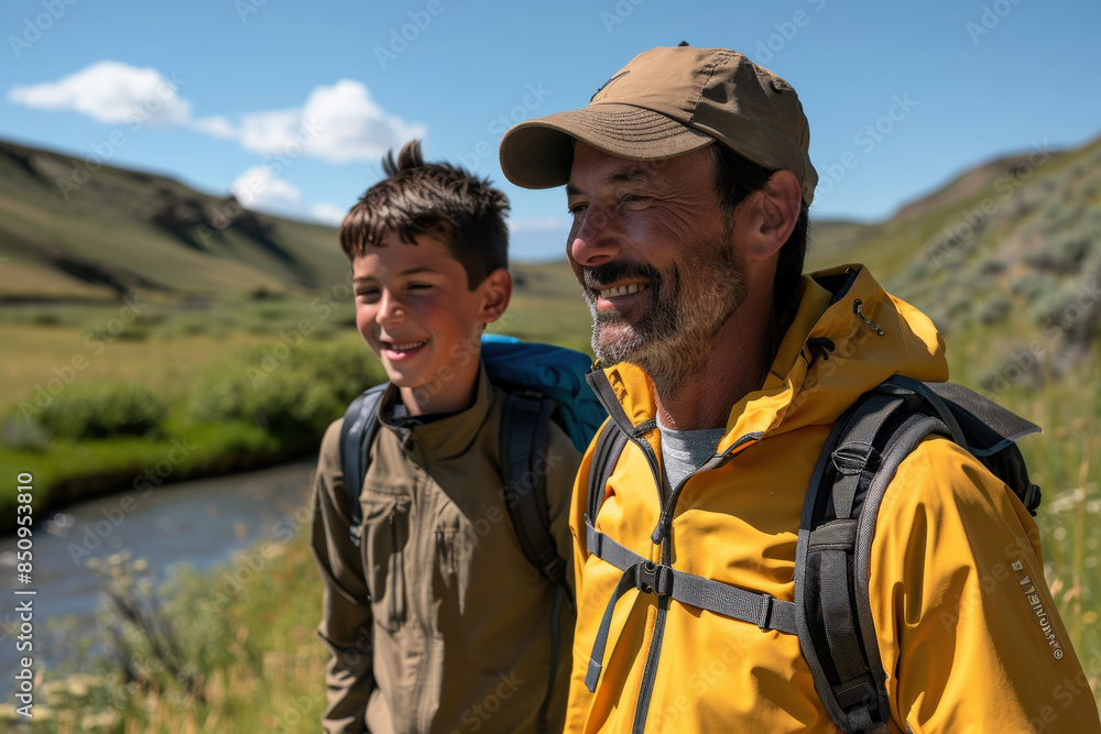 Father and Son Hiking in Sunny Mountain Landscape Father and Son Hiking in Sunny Mountain Landscape