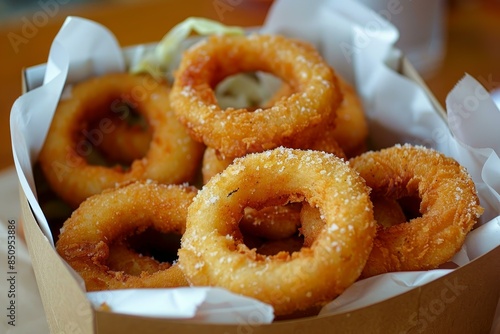 Closeup of delicious fried onion rings with salt crystals, perfect for fast food menus © anatolir