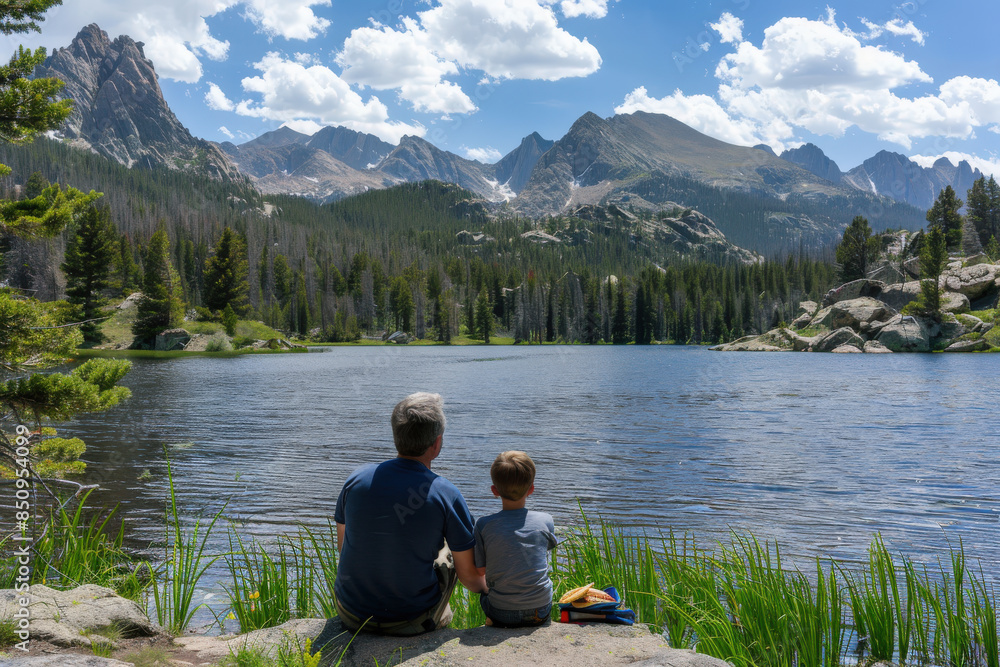Father and Son Enjoying Mountain Lake View Father and Son Enjoying Mountain Lake View