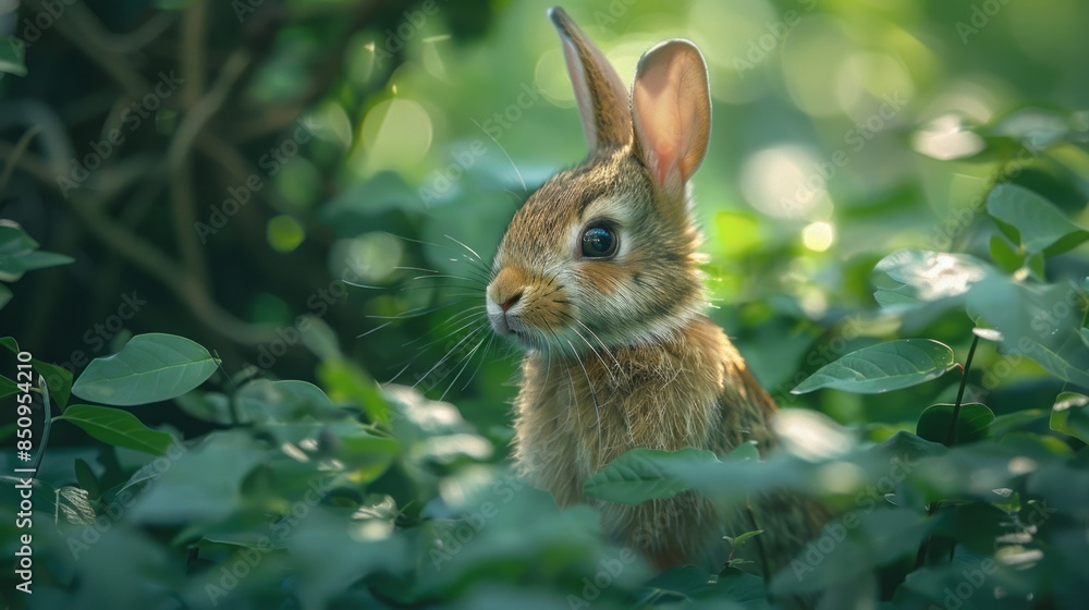 Fototapeta premium Adorable Rabbit in Lush Green Foliage, Glowing Morning Light, Nature Harmony