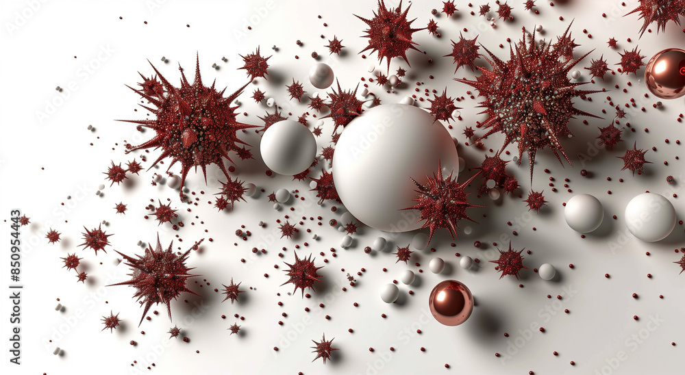 Fototapeta premium A white and red sphere surrounded by many red and white spheres. The image has a chaotic and disordered feel to it, with the red