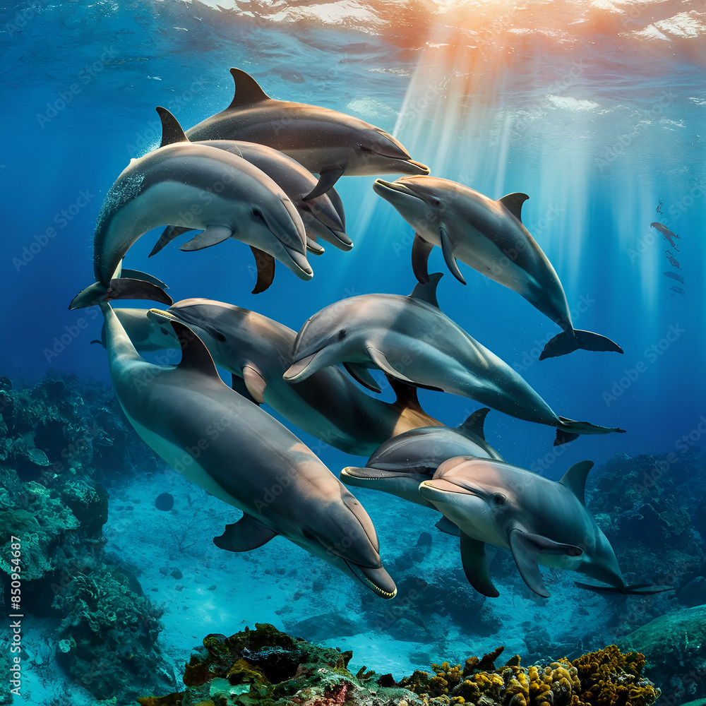 Obraz premium Group of Cute playful dolphin swimming gracefully. AI generative image.