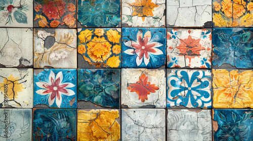 A mosaic of tiles with flowers and other designs